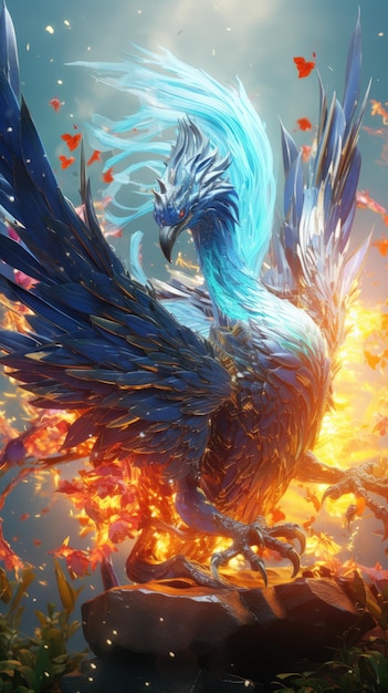 Un dipinto vibrante di un uccello blu avvolto dalle fiamme