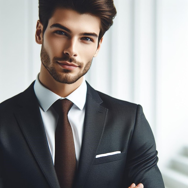 Un dirigente d'affari trasuda modernità e fiducia in un abito blu marino con cravatta bianca.