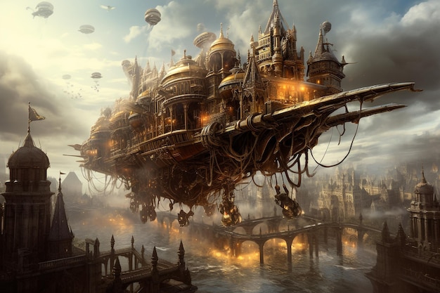 Un dirigibile di trasporto Steampunk sulla vivace città