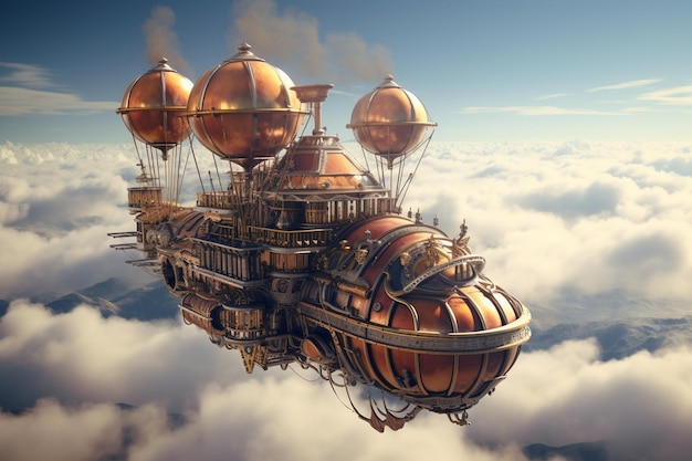 Un dirigibile steampunk che corre tra le nuvole