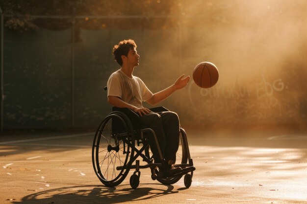 Un disabile in sedia a rotelle gioca a basket.