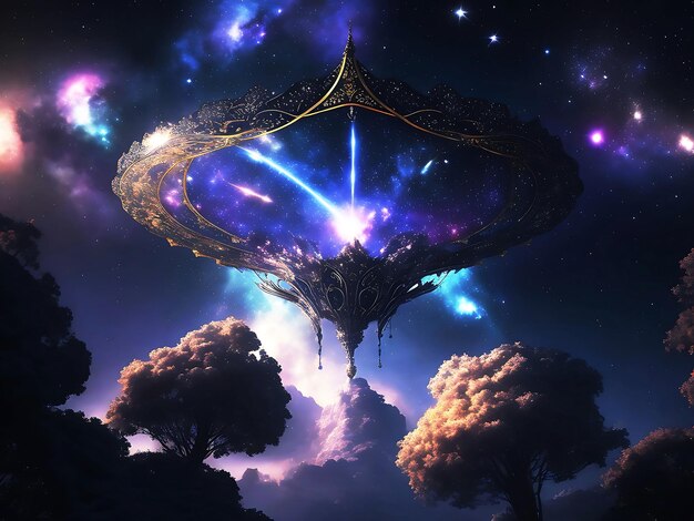 Un disco alieno volante sopra il campo nelle nuvole volante immobile nel cielo