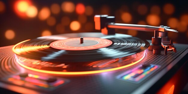 Un disco in rapida rotazione che crea l'atmosfera per una vivace e funky festa di DJ generata dall'AI