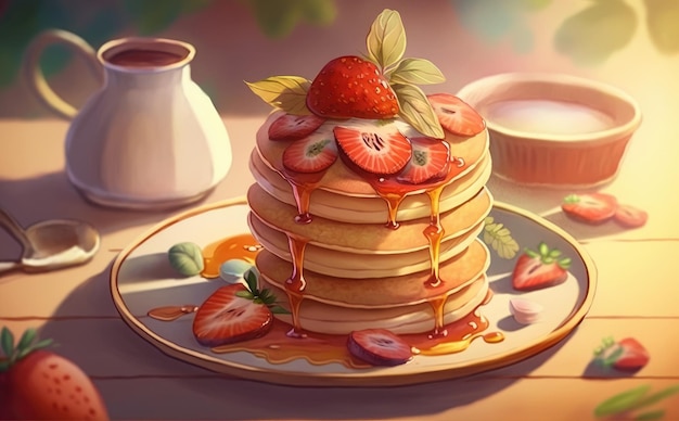 Un disegnato deliziosi pancake illustrazioni di pasticceria ad acquerello ai generato