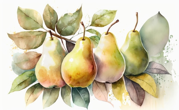 Un disegnato pere su sfondo bianco acquerello frutta alimenti biologici illustrazioni ai generato