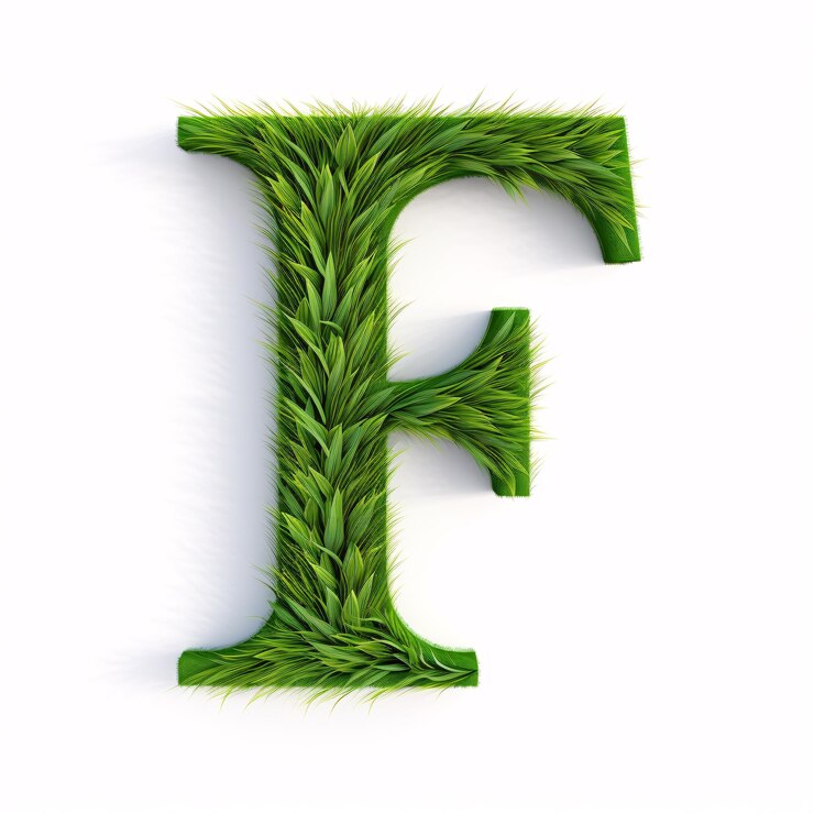 Un disegno 3D di un prato erboso e piantumato con la F maiuscola che si staglia meravigliosamente su uno sfondo bianco, simboleggiando l'ecocompatibilità e la responsabilità per l'ambiente naturale