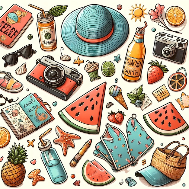 un disegno a cartone animato di una varietà di oggetti tra cui una foto di una frutta e verdura adesivi estivi illust