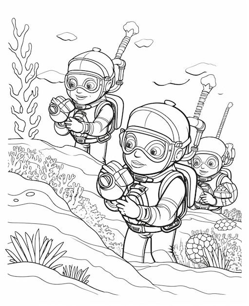 Un disegno a fumetti di due subacquei nell'oceano generativo ai
