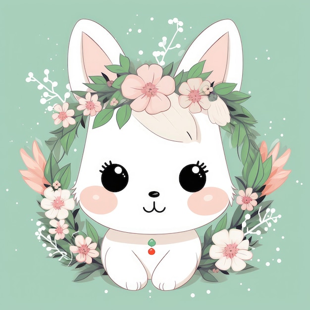 Un disegno a fumetti di un coniglio bianco con sopra una corona di fiori.