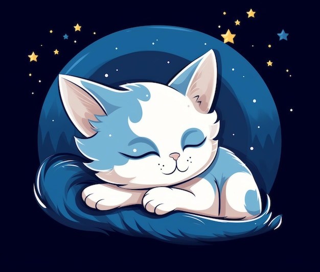 Un disegno a fumetti di un gatto bianco che dorme su una luna.