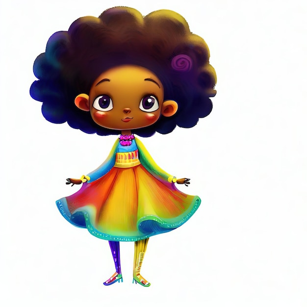 Un disegno a fumetti di una ragazza con un vestito color arcobaleno.