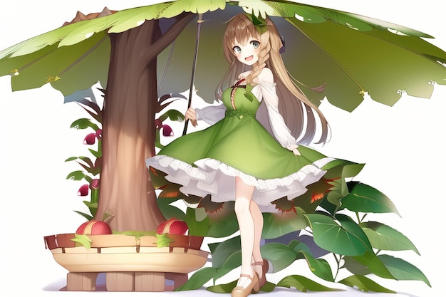 Un disegno a fumetti di una ragazza su un'altalena sotto un albero con un ciliegio sullo sfondo.