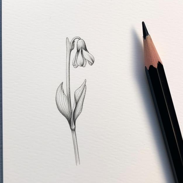 Un disegno a matita di un fiore bucaneve con sopra una matita nera.