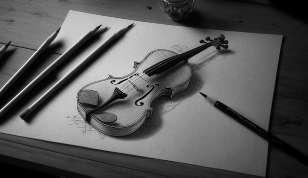 Un disegno a matita di un violino è mostrato su un pezzo di carta.