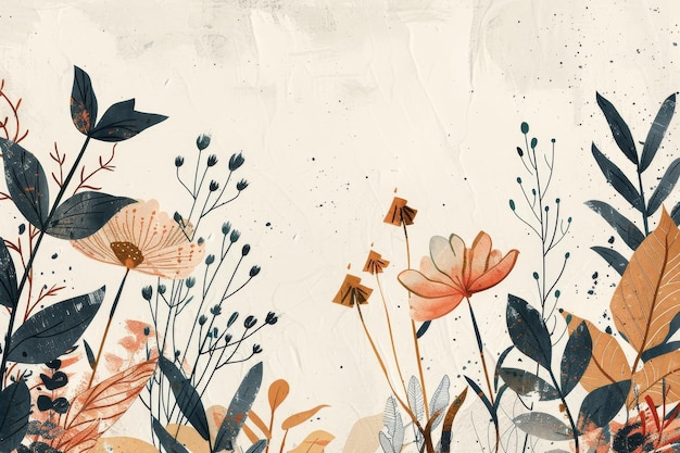 Un disegno a tema naturale con illustrazioni botaniche disegnate a mano Un disegnare a tema natura con illustrazioni botaniche toni terrestri e texture organiche
