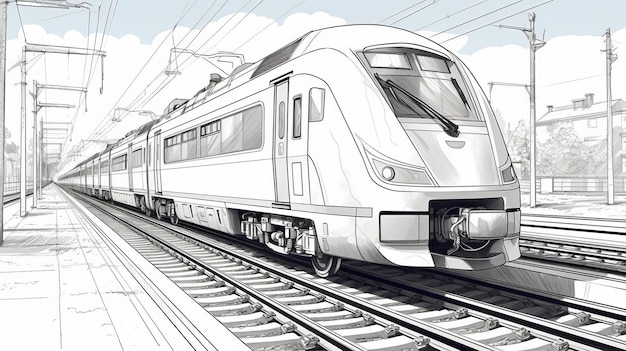 un disegno a tratteggio nero di un treno passeggeri, che mostra un'elevata gamma dinamica e un effetto di solarizzazione. lo stile è caratterizzato da angoli prospettici acuti e un uso audace della linea, con combinazioni di colori elettrici in luce