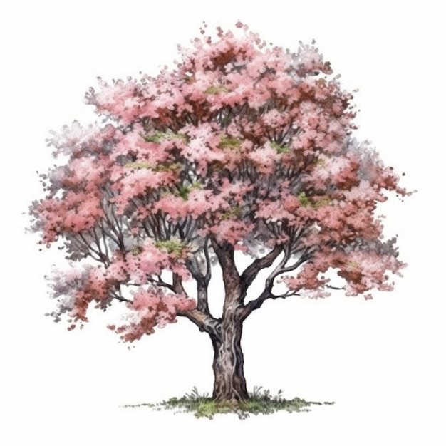 Un disegno ad acquerello di un albero con fiori rosa.