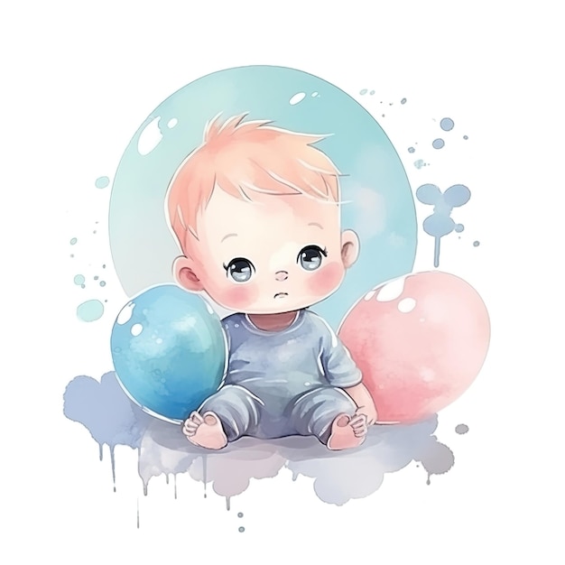 Un disegno ad acquerello di un bambino con un palloncino blu.