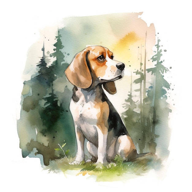 Un disegno ad acquerello di un beagle seduto in una foresta.