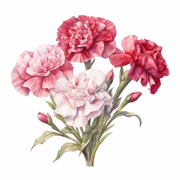 Un disegno ad acquerello di un bouquet di garofani rossi e bianchi.