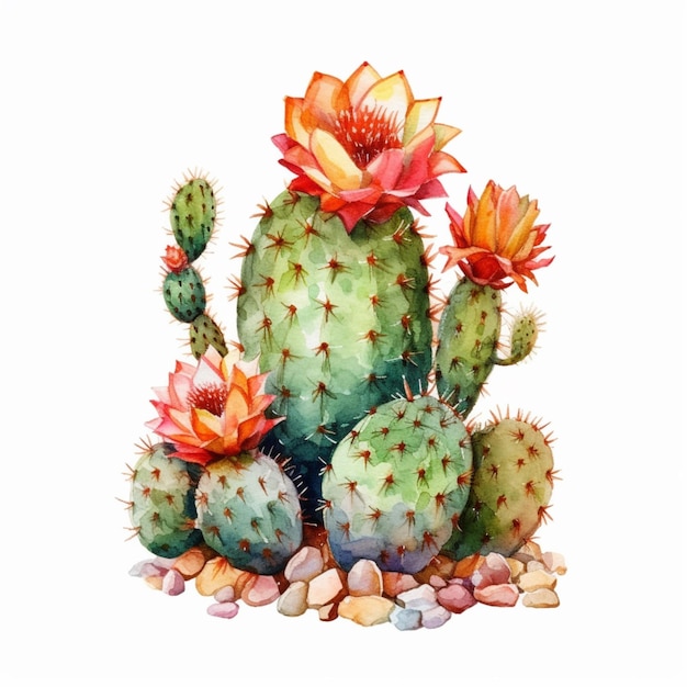 Un disegno ad acquerello di un cactus con un fiore rosso.