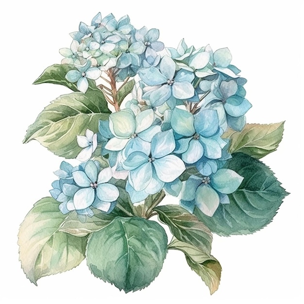 Un disegno ad acquerello di un fiore di ortensia blu con foglie.