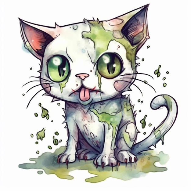 Un disegno ad acquerello di un gatto con occhi verdi e occhi verdi.