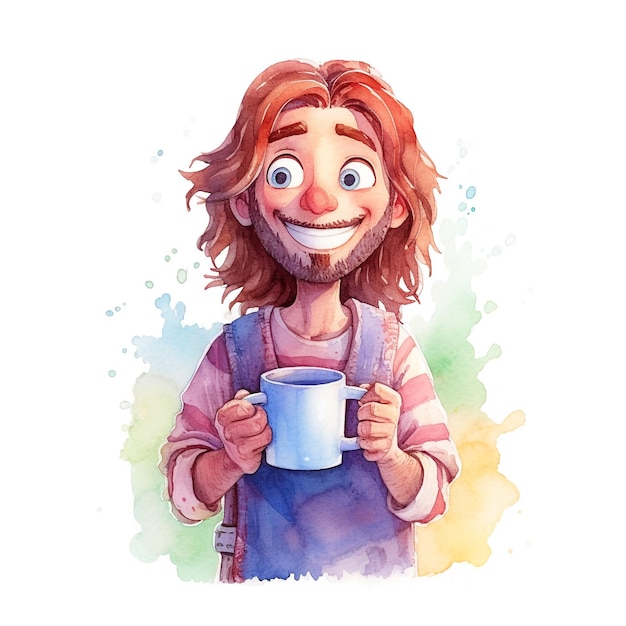 Un disegno ad acquerello di un uomo con lunghi capelli rossi che tiene in mano una tazza di caffè.