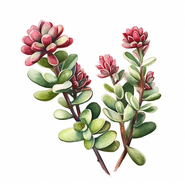 Un disegno ad acquerello di una succulenta con fiori rossi.