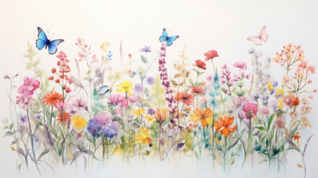 Un disegno ad acquerello pastello di piccoli fiori e farfalle colorati