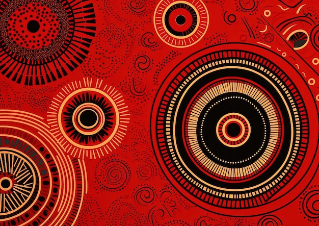 un disegno africano con cerchi su rosso nello stile di linee stratificate