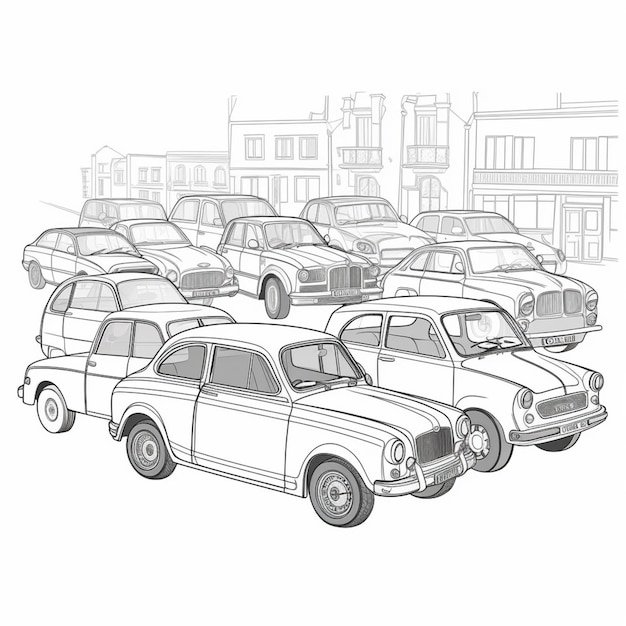 Un disegno al tratto di automobili in un parcheggio