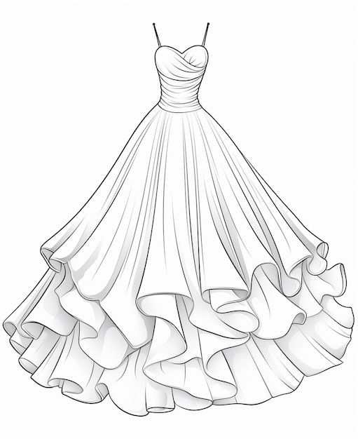 un disegno al tratto di un abito da sposa con volant ai generativi