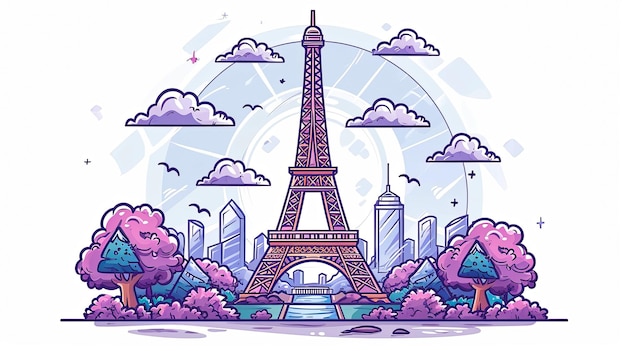 Un disegno animato della Torre Eiffel a Parigi con una città sullo sfondo