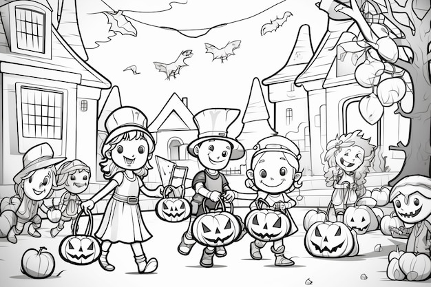 un disegno animato di bambini vestiti per Halloween fuori casa. Ai generativa