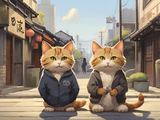 Un disegno animato di due gatti seduti su una strada con un cartello che dice shibuya