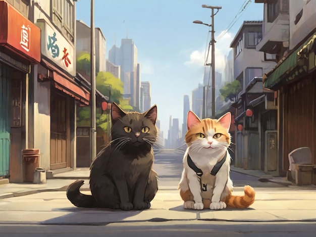 Un disegno animato di due gatti seduti su una strada con un cartello che dice shibuya