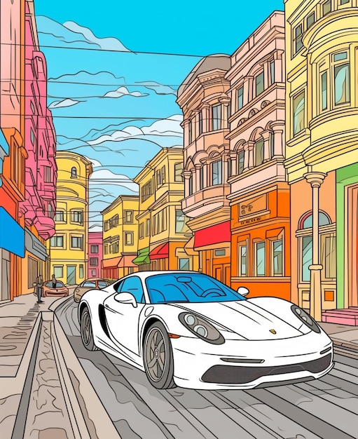 un disegno animato di un'auto sportiva bianca che guida lungo una strada intelligenza artificiale generativa