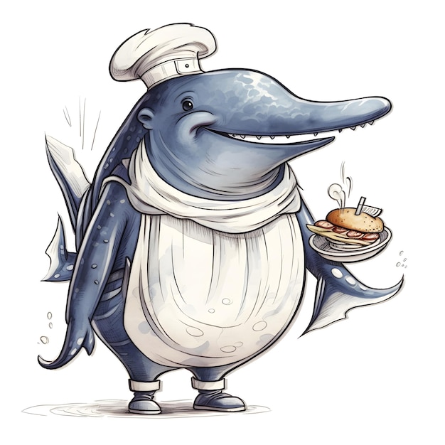 Un disegno animato di un delfino che indossa un cappello bianco e tiene in mano un alimento