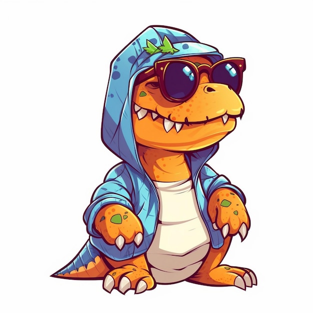 un disegno animato di un dinosauro che indossa occhiali da sole e una maglietta con la scritta alligatore.