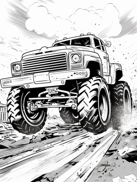 un disegno animato di un monster truck che guida su una pista con intelligenza artificiale generativa