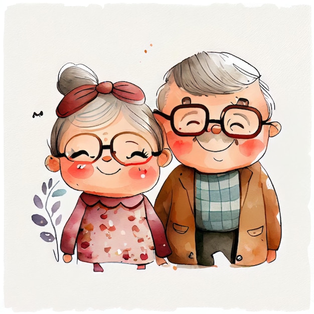 Un disegno animato di una coppia di anziani con gli occhiali e un sorriso sul volto.