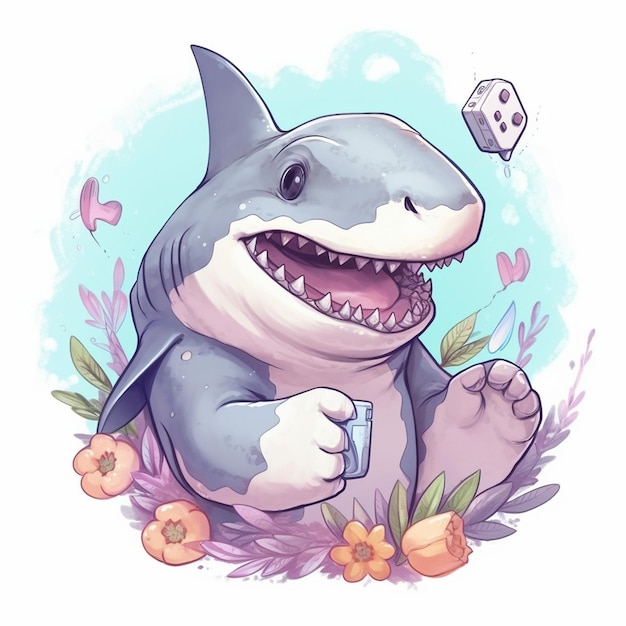 un disegno animato di uno squalo con un sorriso sul viso e le parole "carte da gioco".