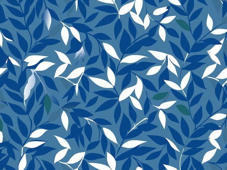 Foto un disegno blu e bianco con alcune foglie e uno sfondo blu