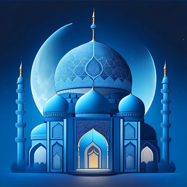Un disegno blu e nero di una moschea con una luna sullo sfondo
