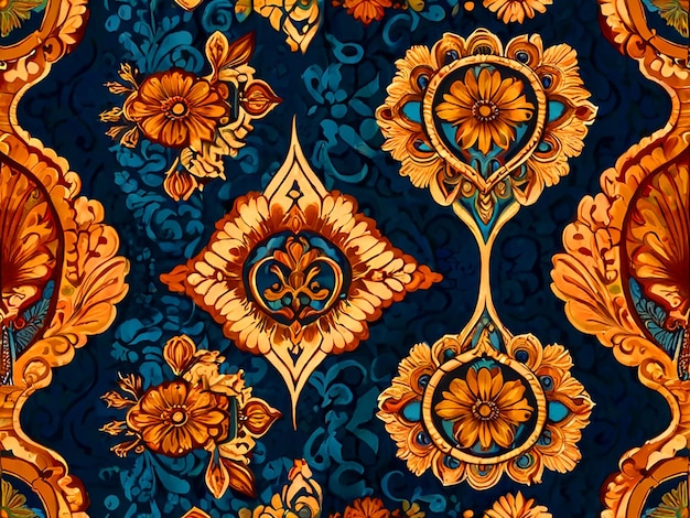 un disegno blu e oro su un tappeto blu