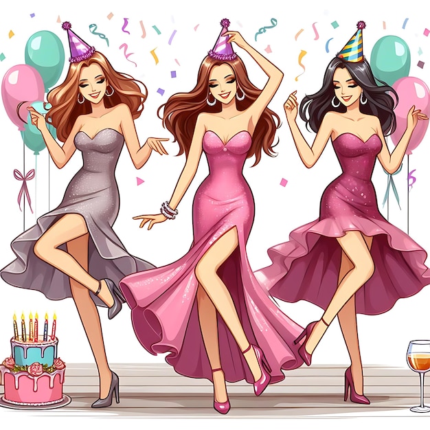 un disegno cartone animato vettoriale di donne che festeggiano con una torta e palloncini