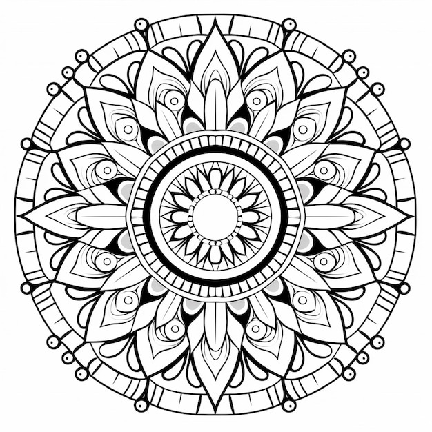 un disegno circolare in bianco e nero con un fiore al centro ai generativo