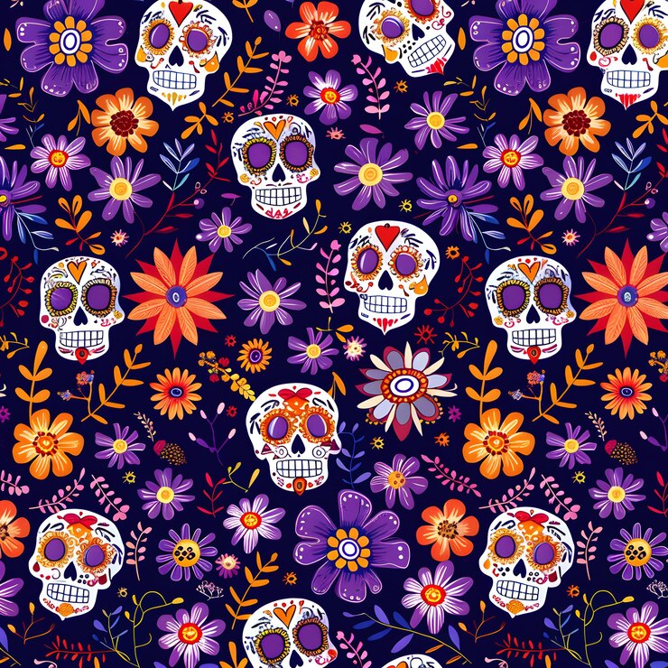un disegno colorato con fiori di teschi e un teschio