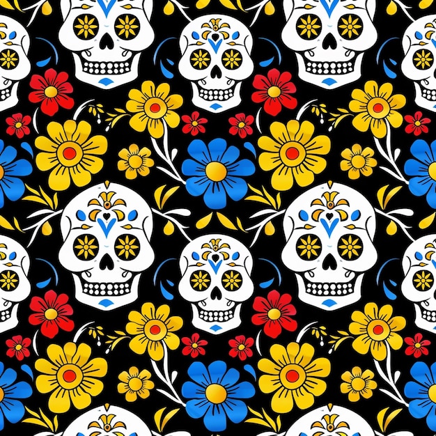 un disegno colorato con fiori di teschio e un teschio